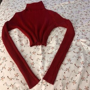 Women’s Red Cropped Turtle Neck Ribbed Long Sleeve Blouse Size Large